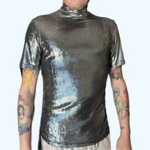 Incerun men small metallic t shirt futuristic silver shirt Coachella rave